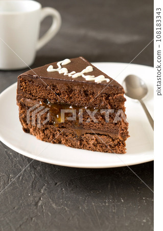Piece of cake Sacher with apricot jam. Delicious Austrian dessert 108183343