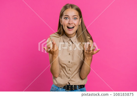 Excited amazed woman surprise looking at camera with big eyes, shocked by sudden victory wow emotion Excited amazed woman surprise looking at camera with big eyes, shocked by sudden victory wow emotion 108183875