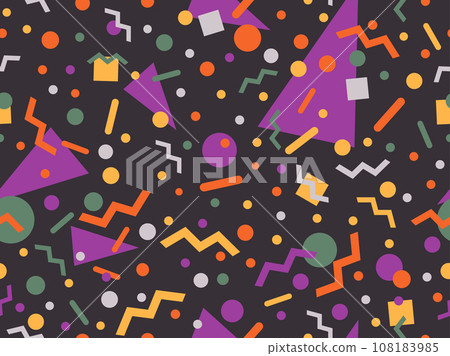 Memphis seamless pattern with geometric shapes in 80s and 90s style. Geometric shapes of different shapes and colors. Design of promotional products, wrapping paper and printing. Vector illustration Memphis seamless pattern with geometric shapes in 80s and 90s style. Geometric shapes of different shapes and colors. Design of promotional products, wrapping paper and printing. Vector illustration 108183985