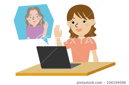 Japanese woman greeting a foreign teacher online with one hand raised Japanese woman greeting a foreign teacher online with one hand raised 108184086