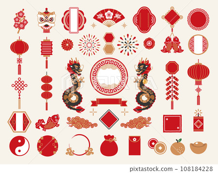 Dragon and Chinese style decorative frame and icon material set 108184228