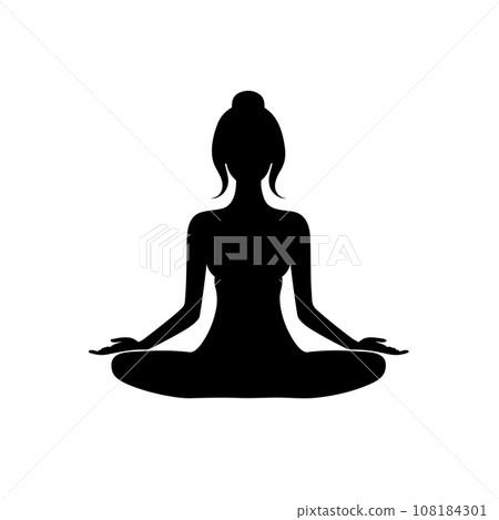Meditating woman black icon on white background. Meditating woman silhouette Meditating woman black icon on white background. Meditating woman silhouette 108184301