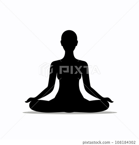 Meditating woman black icon on white background. Meditating woman silhouette Meditating woman black icon on white background. Meditating woman silhouette 108184302