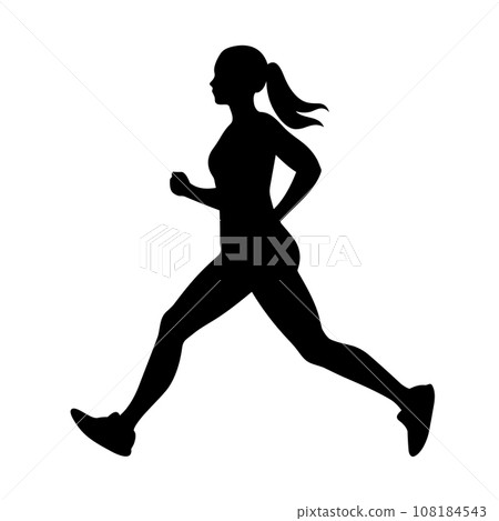 Woman runner black icon on white background. Female runner silhouette Woman runner black icon on white background. Female runner silhouette 108184543