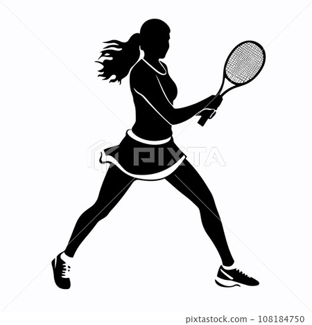Female tennis player black icon on white background. Female tennis player silhouette 108184750