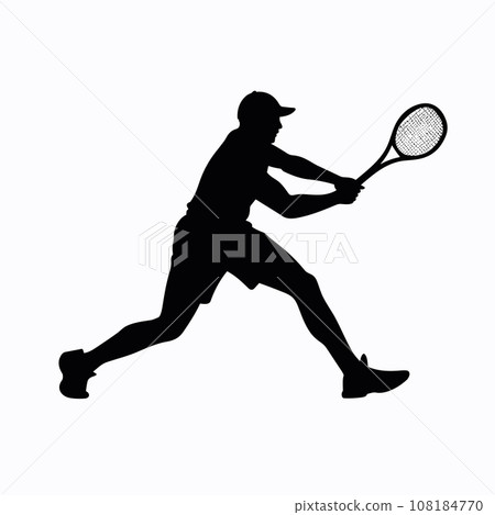 Tennis player black icon on white background. Male tennis player silhouette 108184770