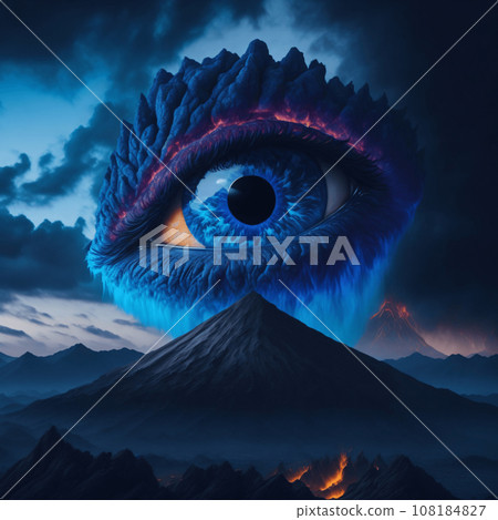 human eye, defined blue volcano erupting into the sky in the background 108184827
