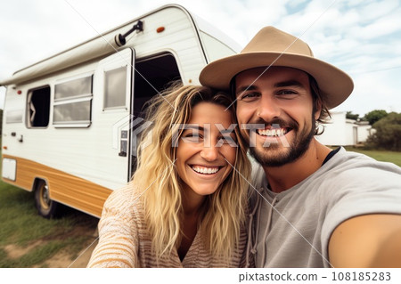 Young couple traveling together in motorhome. Young couple traveling together in motorhome. 108185283