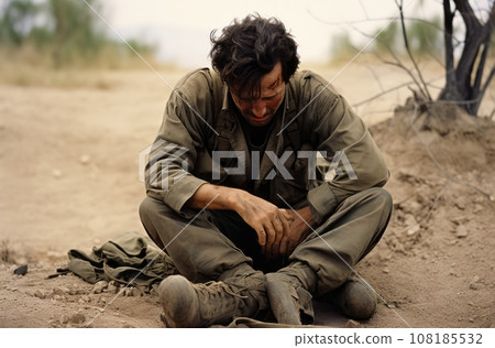 Exhausted male emergency doctor in military conditions in Southern Territories, despair and fatigue evident in his pose Exhausted male emergency doctor in military conditions in Southern Territories, despair and fatigue evident in his pose 108185532