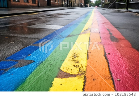 Rainbow drawn on wet city asphalt after rain - perspective view Rainbow drawn on wet city asphalt after rain - perspective view 108185548