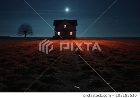 Man standing in field, looking at house in distance Contemplating whether to go there or not 108185630