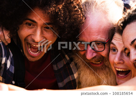 Playful Melting Pot Diverse Friends Share a Joyful Selfie Moment Playful Melting Pot Diverse Friends Share a Joyful Selfie Moment 108185654