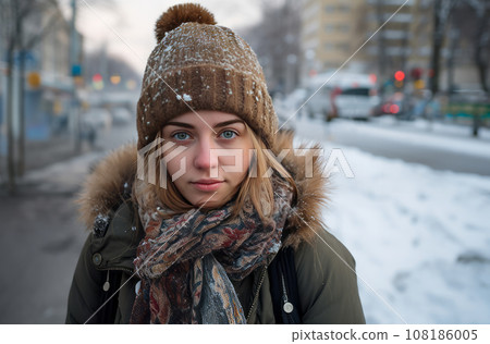 A girl wearing a hat and a colored scarf stands on a snowy street in 40 temperature Her frozen eyebrows and eyelashes show the harshness of winter A girl wearing a hat and a colored scarf stands on a snowy street in 40 temperature Her frozen eyebrows and eyelashes show the harshness of winter 108186005