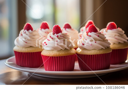 Six raspberry cupcakes on a kitchen counter, with morning light and a blurred background Six raspberry cupcakes on a kitchen counter, with morning light and a blurred background 108186046