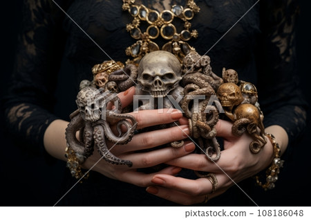 Woman's hand adorned with antique rings holds an artificial octopus Woman's hand adorned with antique rings holds an artificial octopus 108186048
