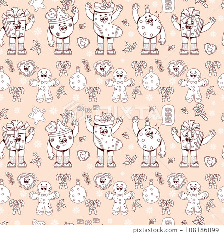 Groovy Hippie Retro Christmas festive seamless pattern with cartoon characters gifts, sock, gingerbread, Xmas ball. outline linear drawing. Merry Christmas and Happy New year background. 108186099