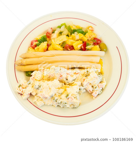 Plate with Russian and summer salads with white asparagus Plate with Russian and summer salads with white asparagus 108186169