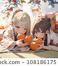 (AI art) Two girls in kimonos lie on tatami mats in a snowy landscape. Pose with a large orange in hand. 108186175