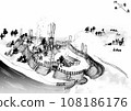 A fort from the Sengoku period. Black and white hand drawn illustration. 108186176