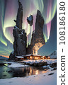 (AI Art) A fantastic village and town spread out with the aurora in the background. Image of Northern Europe, a snowy country. 108186180