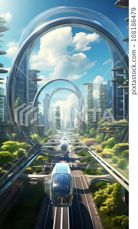 Futuristic City Advanced Transportation Realistic Illustration Futuristic City Advanced Transportation Realistic Illustration 108186479