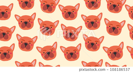 Vector seamless pattern with cute bulldog dog faces. Dog pattern on beige background. Vector illustration 108186537