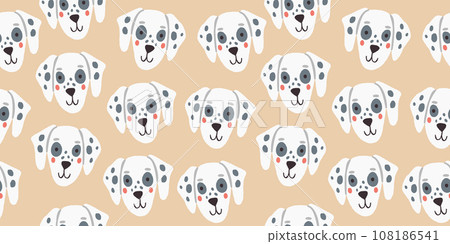 Vector seamless pattern with cute dalmatian dog faces. Dog pattern on beige background. Vector illustration 108186541
