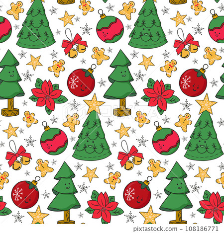 Cute kawaii Christmas decoration seamless pattern. Holiday design with childish characters in flat style on white background. Ideal foe decoration, wrapping paper, textile, wallpaper Cute kawaii Christmas decoration seamless pattern. Holiday design with childish characters in flat style on white background. Ideal foe decoration, wrapping paper, textile, wallpaper 108186771