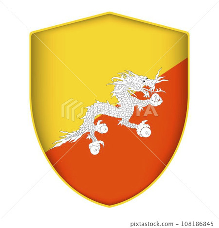 Bhutan flag in shield shape. Vector illustration. Bhutan flag in shield shape. Vector illustration. 108186845