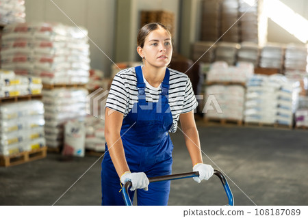Young loader woman pushing cart in warehouse Young loader woman pushing cart in warehouse 108187089
