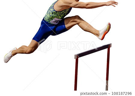 athlete runner running 400 metres hurdles is track and field hurdling event isolated on white background athlete runner running 400 metres hurdles is track and field hurdling event isolated on white background 108187296