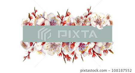 Watercolor frame of blooming apricot branches and flowers Watercolor frame of blooming apricot branches and flowers 108187552