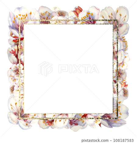 Watercolor square frames of blooming apricot branches and flowers Watercolor square frames of blooming apricot branches and flowers 108187583