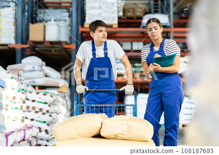 Girl check papers invoices together with guy employee and revise availability of goods in stock 108187685