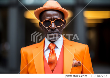 fashionable stylish senior man in a bright extravagant suit on the street.  108187784