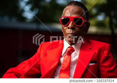 fashionable stylish senior man in a bright extravagant suit on the street.  fashionable stylish senior man in a bright extravagant suit on the street.  108187814