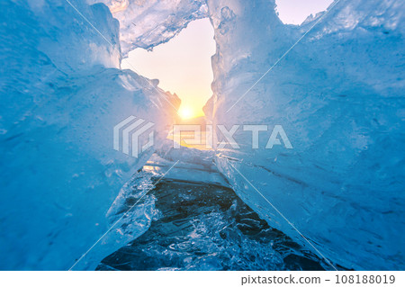 Frozen lake in South Korea in winter in sunrise at Dumulmeori, Yangpyeong, South Korea. 108188019