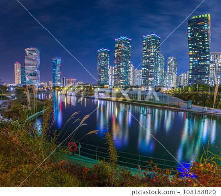 Night view in autumn and beautifully lit at Songdo Central Park in Songdo District, Incheon South Korea. Night view in autumn and beautifully lit at Songdo Central Park in Songdo District, Incheon South Korea. 108188020