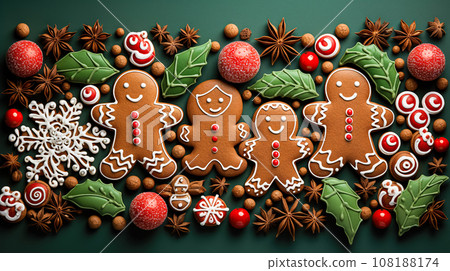 Christmas gingerbread cookies, men, holly leaves, snowflakes laid out in a festive flat composition on green background Christmas gingerbread cookies, men, holly leaves, snowflakes laid out in a festive flat composition on green background 108188174