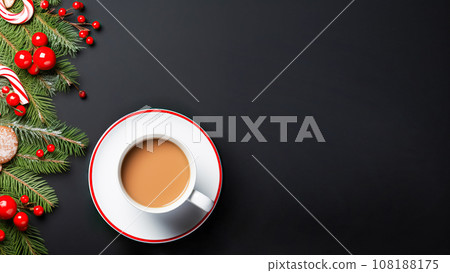 Mug of hot drink cocoa chocolate festive black background. New Year card template for winter holidays Christmas New Year Mug of hot drink cocoa chocolate festive black background. New Year card template for winter holidays Christmas New Year 108188175