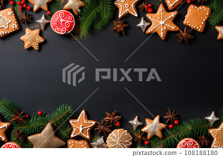 Christmas various gingerbread cookies decorated with sugar icing are laid out in a festive flat frame composition Christmas various gingerbread cookies decorated with sugar icing are laid out in a festive flat frame composition 108188180