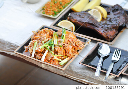 stir fried pork with chinese cabbage and kim chi and bbq or grilled pork stir fried pork with chinese cabbage and kim chi and bbq or grilled pork 108188291