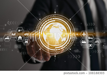 Businessman Hand and Finger Touch Globe or World and HUD Logistics Icon Businessman Hand and Finger Touch Globe or World and HUD Logistics Icon 108188303