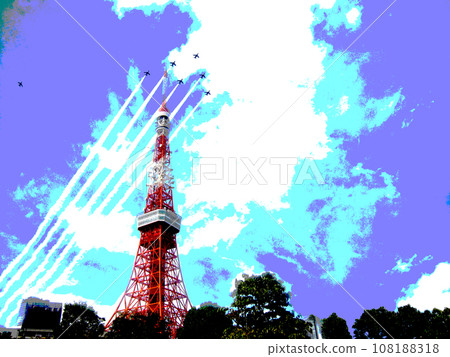 藍色脈衝號翱翔在東京鐵塔上空 藍色脈衝號翱翔在東京鐵塔上空 108188318