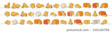 Set of cheese one line colored continuous drawing. Cheese products continuous one line illustration. Vector minimalist linear illustration 108188766