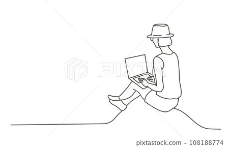 Woman with laptop sitting on a hill. 108188774