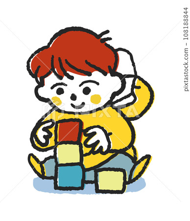 A small child playing with building blocks wholeheartedly Illustration material 108188844