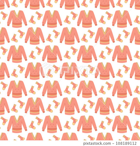 Seamless pattern with warm winter sweaters and socks in pink. Vector flat color illustration. 108189112