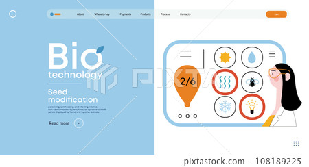Bio Technology, Seed Modification -modern flat vector concept illustration of scientists choosing features for a seed, genetic modificated variants. Metaphor of direct impact of GMO on vegetation Bio Technology, Seed Modification -modern flat vector concept illustration of scientists choosing features for a seed, genetic modificated variants. Metaphor of direct impact of GMO on vegetation 108189225