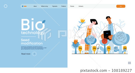 Bio Technology, Seed Modification -modern flat vector concept illustration of scientists analysing genetic modificated variants of a plant. Metaphor of direct impact of GMO on vegetation Bio Technology, Seed Modification -modern flat vector concept illustration of scientists analysing genetic modificated variants of a plant. Metaphor of direct impact of GMO on vegetation 108189227
